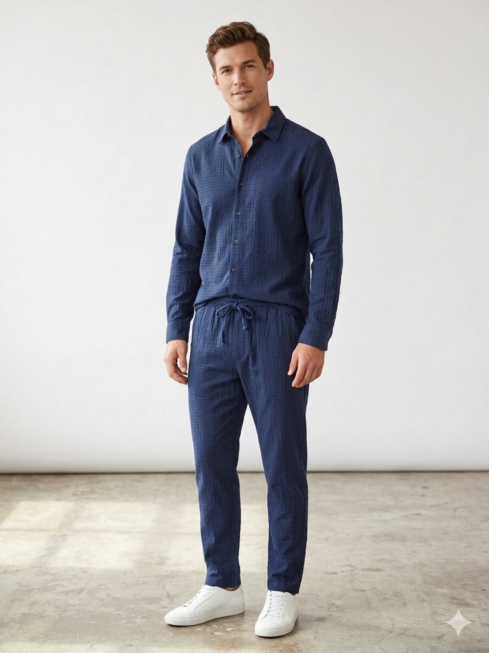 Onia Deep Navy Cotton Gauze Shirt and Drawstring Pants Set